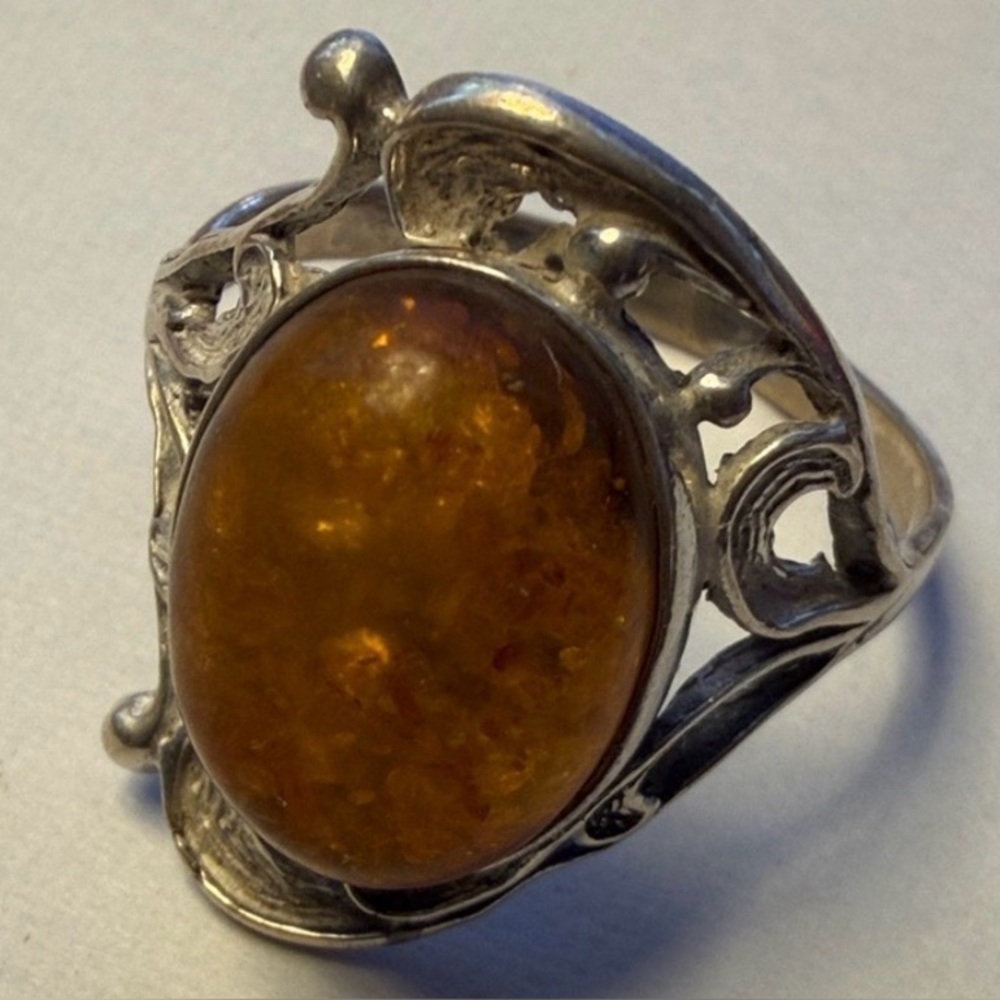 VINTAGE 925 Silver and Amber Ring LARGE CHUNKY SIZE 11.5